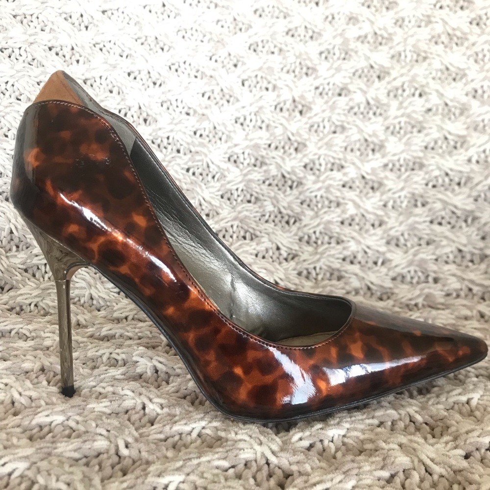 Patent tortoise print & metal heel pumps